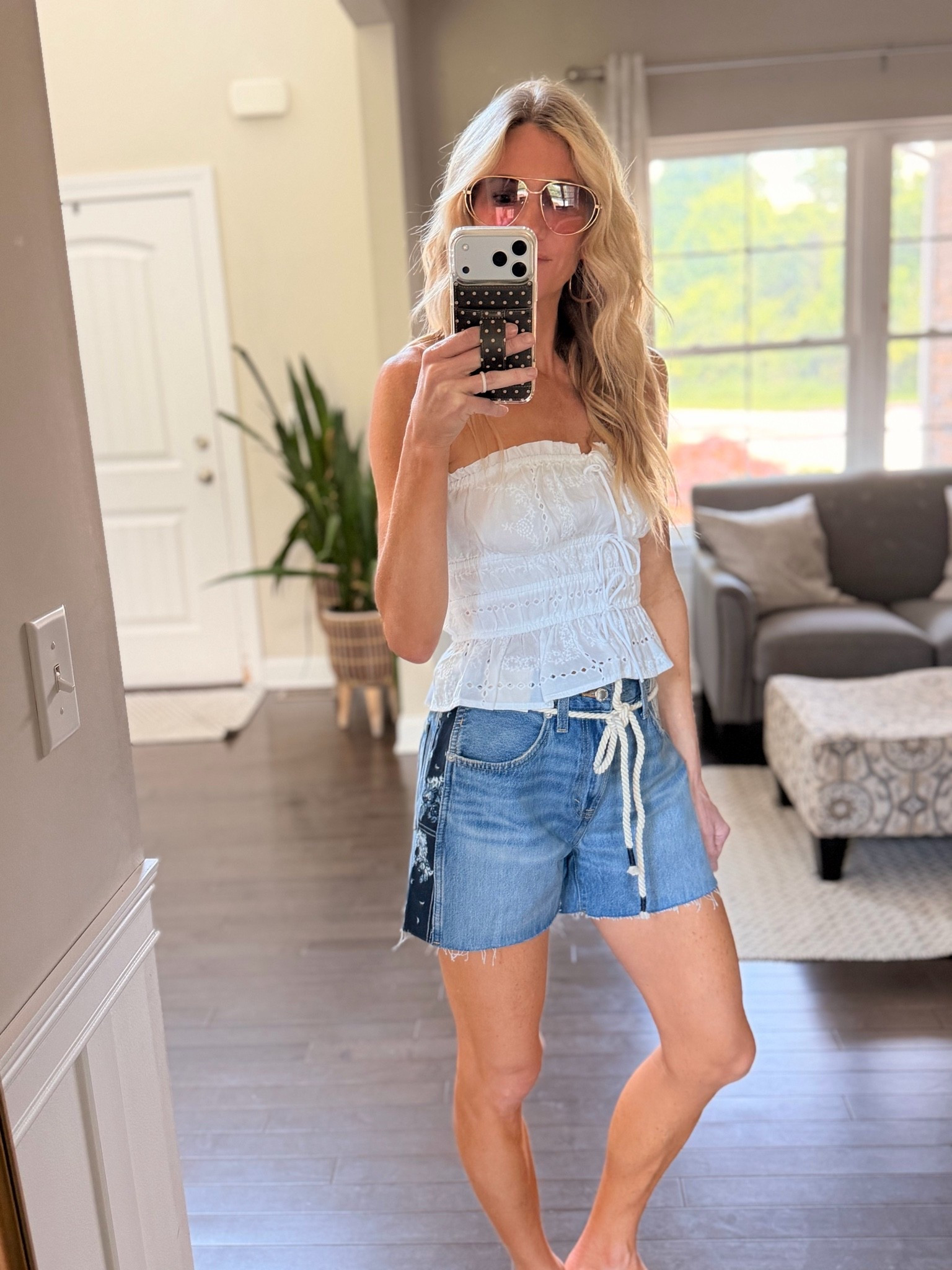 Cute patchwork denim shorts from target on sale white eyelet strapless top cute summer Fashion For women

#LTKOver40 #LTKSeasonal #LTKootd