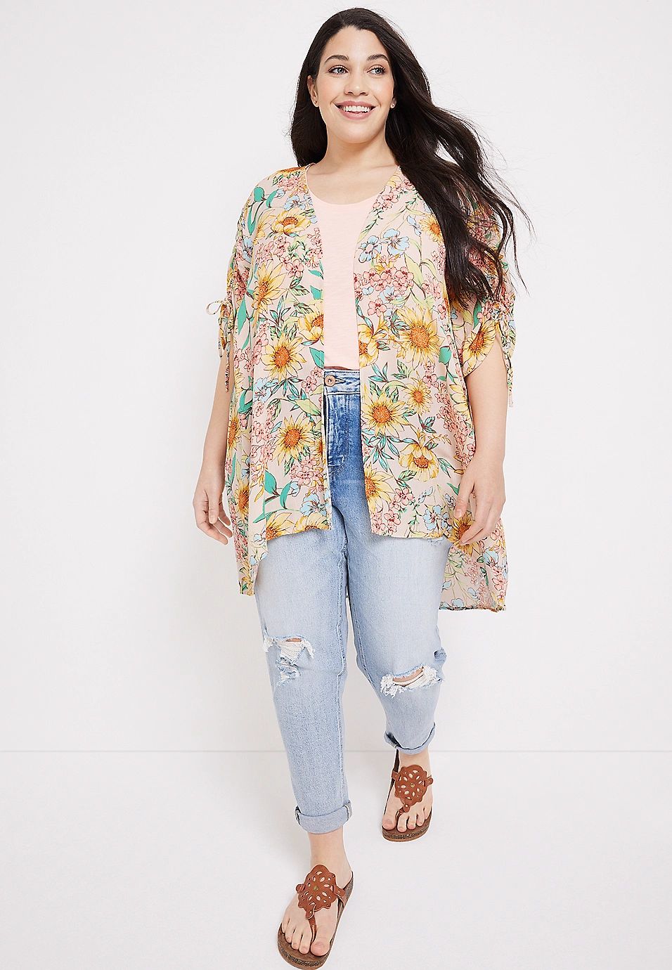 Plus Size Floral Cinched Sleeve Kimono | Maurices