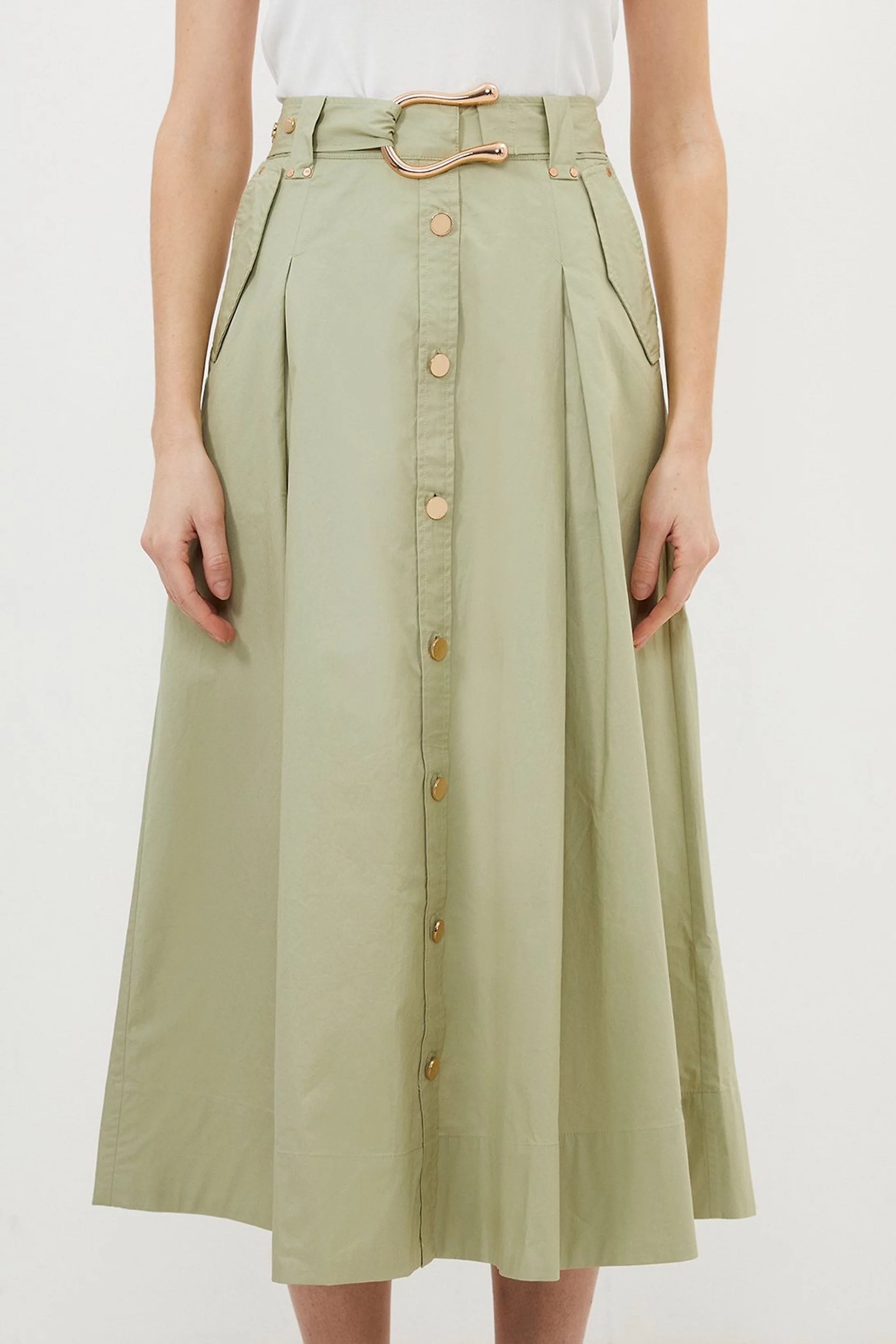 Cotton Sateen Button Woven Midi Skirt | Karen Millen US
