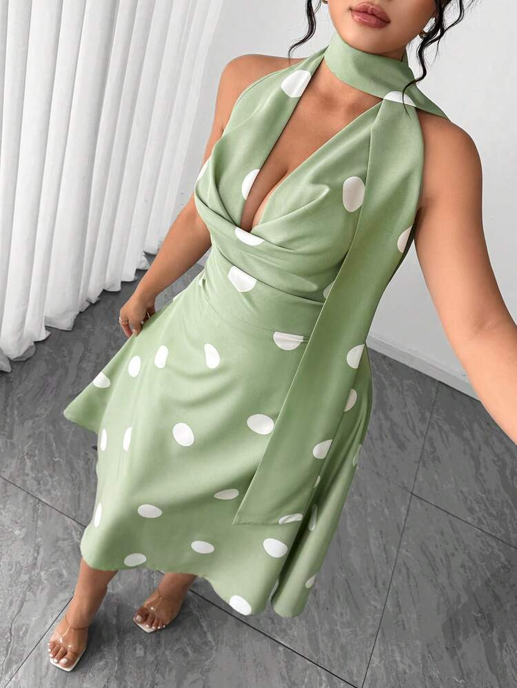 Elenzga Plus Size Women's Fashion French Polka Dot Draped Neck Tie Bow Minimalist Versatile A-Line Long Dress, Suitable For Spring/Summer, Back To School, Vacation, Graduation, Valentine's Day, Christmas, Music Festival, Mother's Day, Halloween, Thanksgiving, Easter, National Day, Prom, Birthday, Date Party, Wedding Season, Outdoor Outing | SHEIN