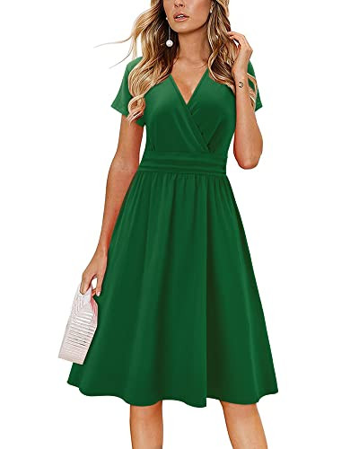 Newshows Green Dress Summer Casual Beach Vacation Hawaiian Dresses for Women 2025 Short Sleeve V-Neck Faux Wrap Midi Dress with Pockets(Green,X-Large) | Amazon (US)