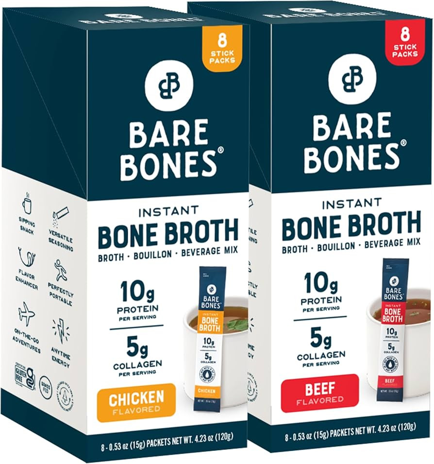 Bare Bones Bone Broth Instant Powdered Mix, Variety Pack, 8 Chicken and 8 Beef, 15g Sticks, 10g P... | Amazon (US)