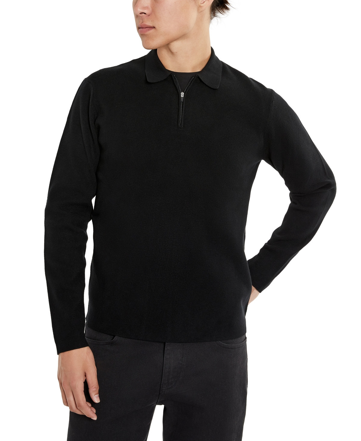 Kenneth Cole Men's Slim-Fit Zip-Placket Long Sleeve Polo Sweater - Black | Macy's