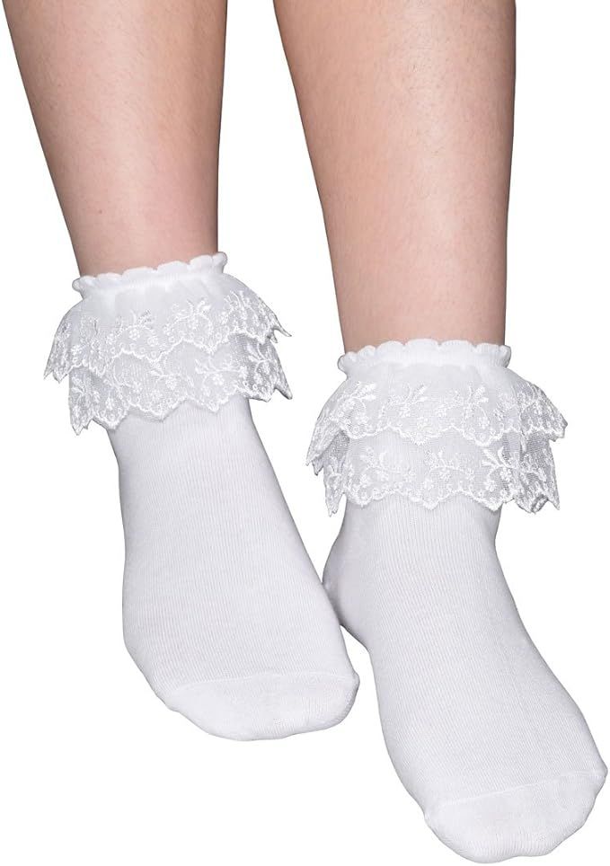 Women's Solid Color Lace Ruffle Frilly Socks, Comfortable Cotton Ankle Lace Socks, Princess Socks... | Amazon (US)