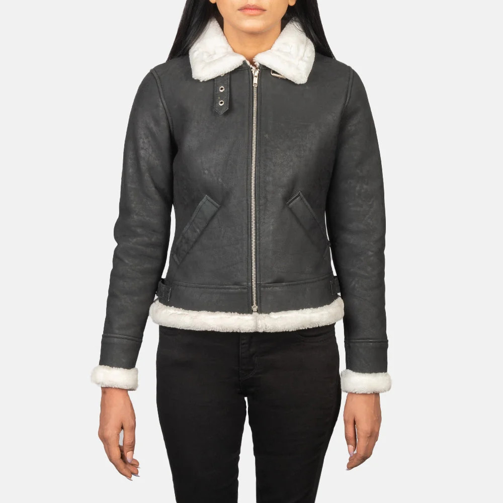 Women's Sherilyn B-3 Black & White Leather Bomber Jacket | The Jacket Maker