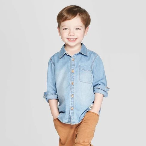 Toddler Boys' Long Sleeve Chambray Button-Down Shirt - art class™ Blue | Target