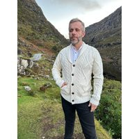 Mens Aran Buttoned V-Neck Cardigan - Irish 100% Pure Merino Wool Soft Natural White Shawl Collar Handmade in Ireland | Etsy (US)