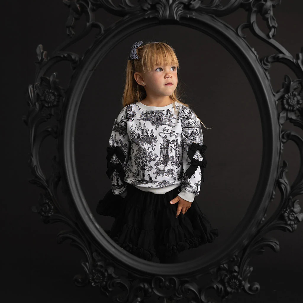 999 Happy Haunts White Long Sleeve Disney The Haunted Mansion Toile Fleece Bow Sweatshirt | Posh ... | Posh Peanut