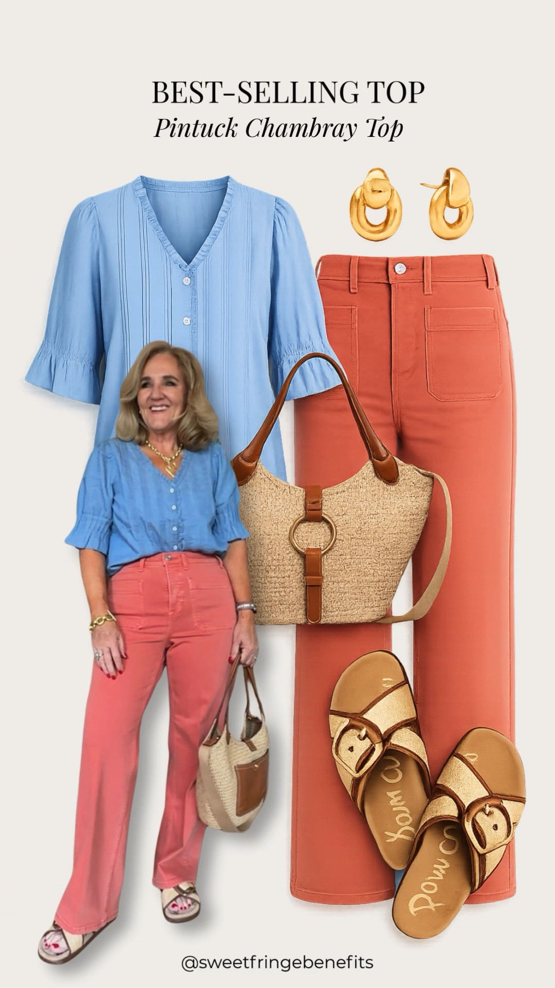 This pintuck chambray top is a best seller for a reason! The feminine pintuck details and flowy silhouette make it easy to dress up or down, while the soft chambray fabric keeps it lightweight and comfortable all day long.

Sizing:
• Top: Medium
• Pants: 29 Regular

💛 LTK MADE EASY
❤️ Heart = Support my posts
🔖 Save = Get restock alerts

#LTKootd #LTKOver40 #LTKSeasonal