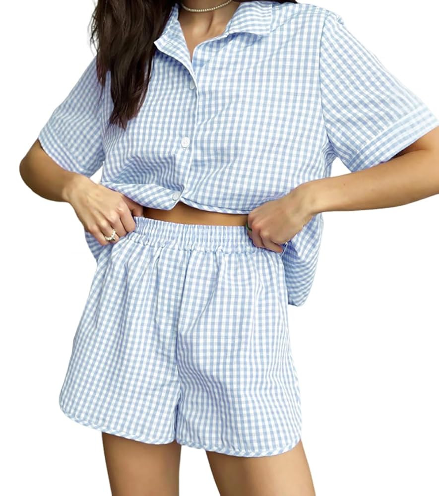Womens Gingham Pajama Set Shorts Pj Set Short Sleeve Button Down Sleepwear Cute Pjs | Amazon (US)