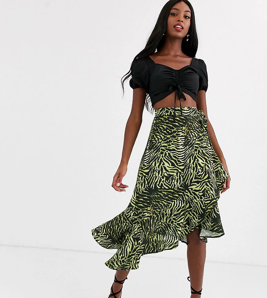 John Zack Tall asymmetric ruffle midi skirt in lime zebra-Multi | ASOS (Global)