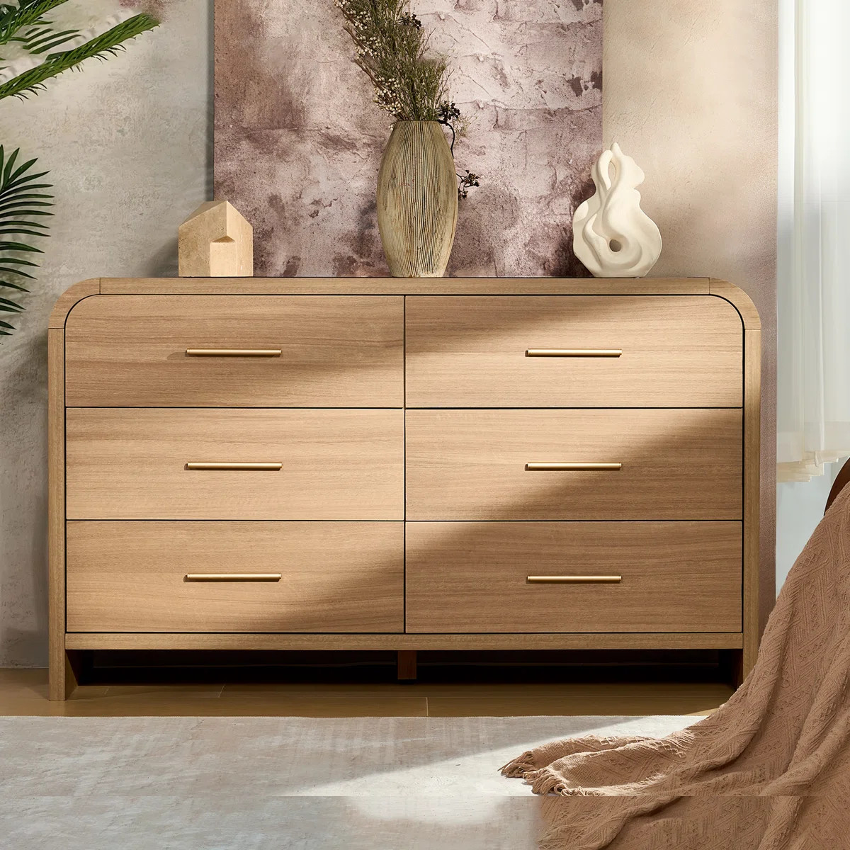 6-Drawer Dresser In Oak With Rounded Corners - 60 Inch TV Stand, 1.18In Engineered Wood, 100LB Ca... | Wayfair North America