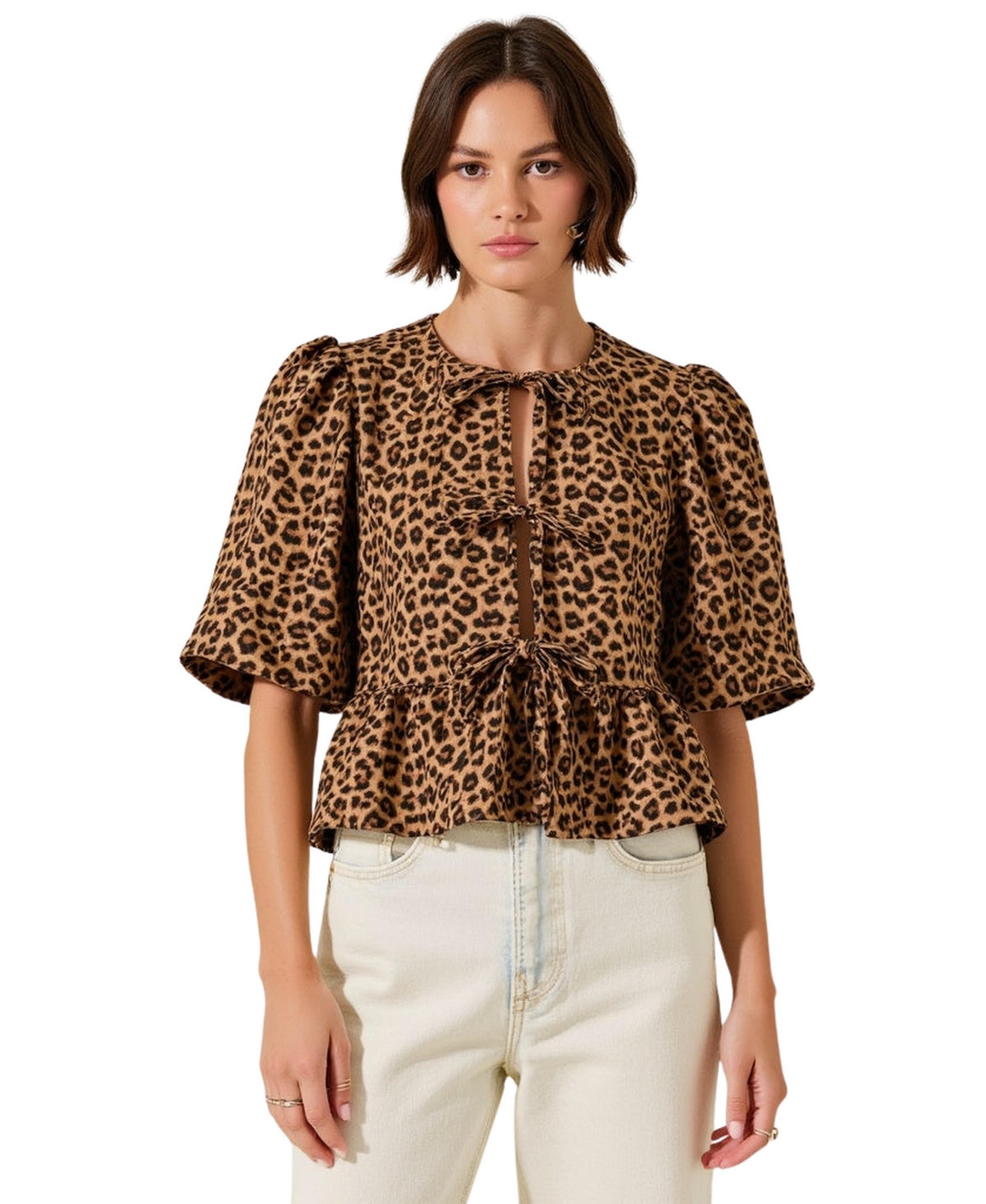 Modenaire Women's Leopard-Print Front-Tie Puff-Sleeve Peplum Top - Multicolor | Macy's