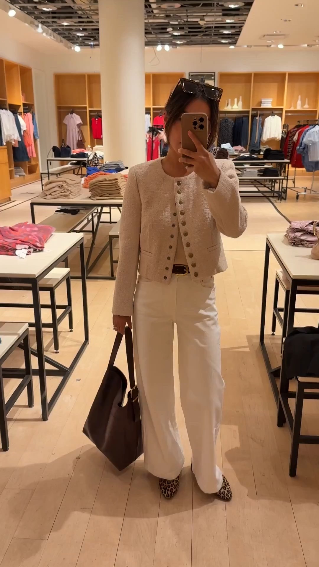 Short textured jacket that feels like it is made for petites! 3 colors. 

• Jcrew tweed jacket in natural size 00 - Slim, shorter fit and the quality feels  well made. 

• Gap high rise stride wide leg ankle jeans size 24 regular 

I also linked the jcrew cream cord pants on sale which I have in 24 regular for a full length that works with flats 

• Quince lightweight cotton Dolman sweater xs - loose oversized cut with an easy, sophisticated look. Xs is a generous fit on me, I usually full or half tuck this and you can shrink it by washing on warm

• Sezane leopard Matilda ballerina flats 4 (fits like US 5) - worn with heel lifts so they don’t rub my ankles

• Madewell bucket tote, original size easily fits a laptop. 

The smaller jcrew suede one is also beautiful!

• Madewell triple metal keeper belt xxs

• BP sunglasses

Fall transitional outfit that also works for smart casual office workwear
Mom style, petite friendly, early fall transition outfit

#LTKPetite #LTKSaleAlert #LTKStyleTip