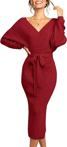 Chang Yun Women's Long Maxi Sweater Dresses Sexy Wrap Batwing V Neck Slit Open Back Holiday Bodyc... | Amazon (US)