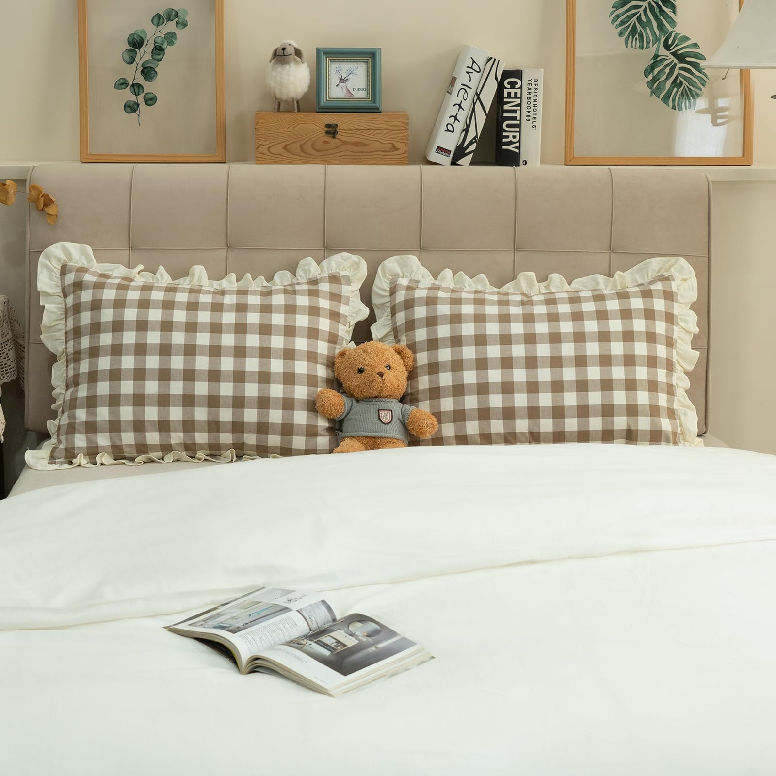 Pillow Shams Set of 2 Yarn-Dyed Pure Cotton Retro Ruffle Flounces Trim Brown Check Decorative Pil... | Amazon (US)