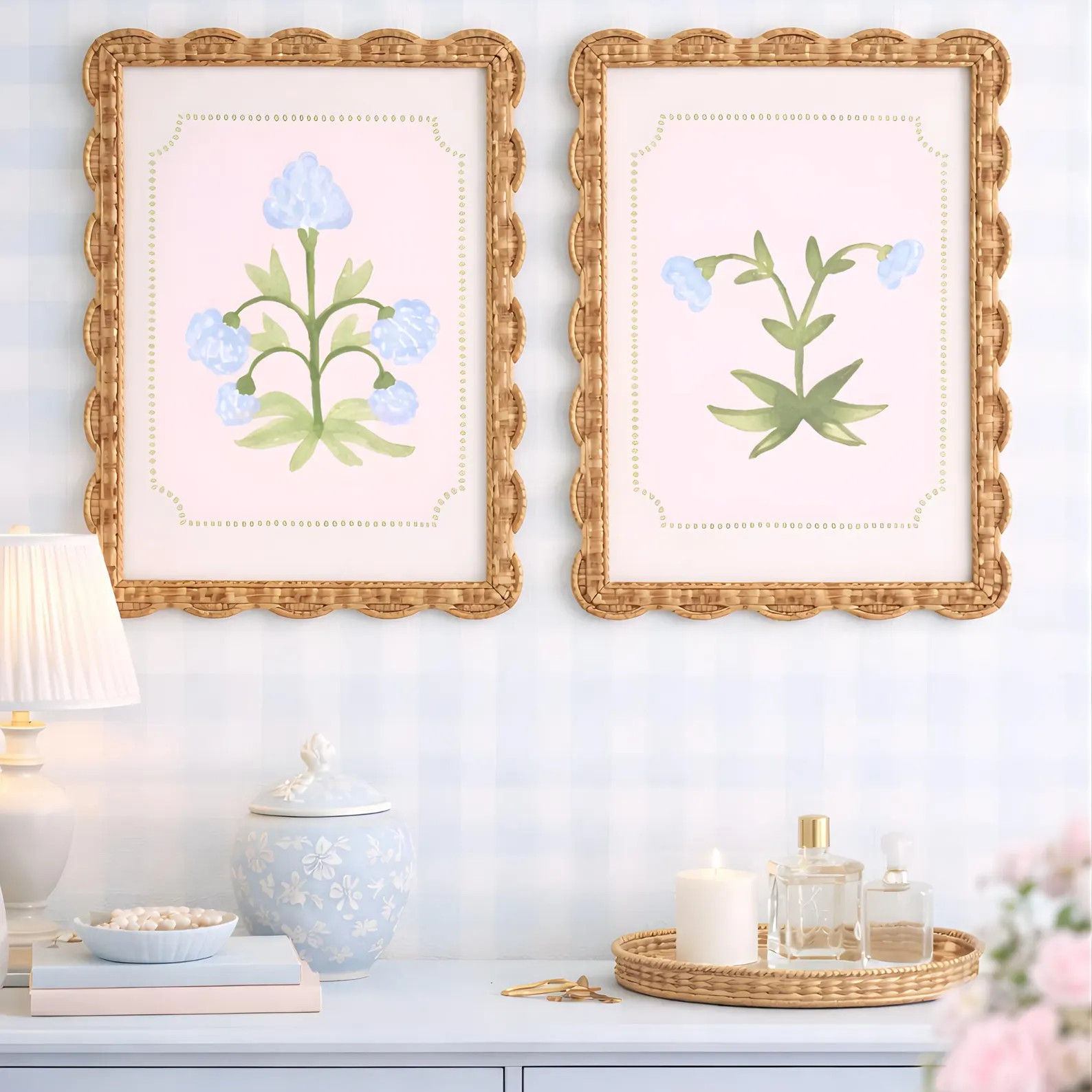 Set of 2 Striped Botanical Wall Art Prints, Grandmillennial Green and Pink Floral Prints, Vintage... | Etsy (Global)
