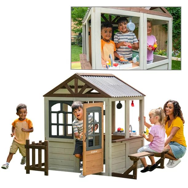 KidKraft Pioneer Cottage Wooden Playhouse with Doorbell and 13 Pieces - Walmart.com | Walmart (US)