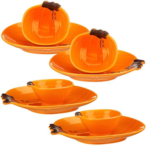 Maxcheck 8 Pcs Pumpkin Shaped Plates and Ceramic Pumpkin Bowls Kit Pumpkin Dinnerware for Thanksgiving Halloween Indoor Fall Table Decor(Orange) | Amazon (US)