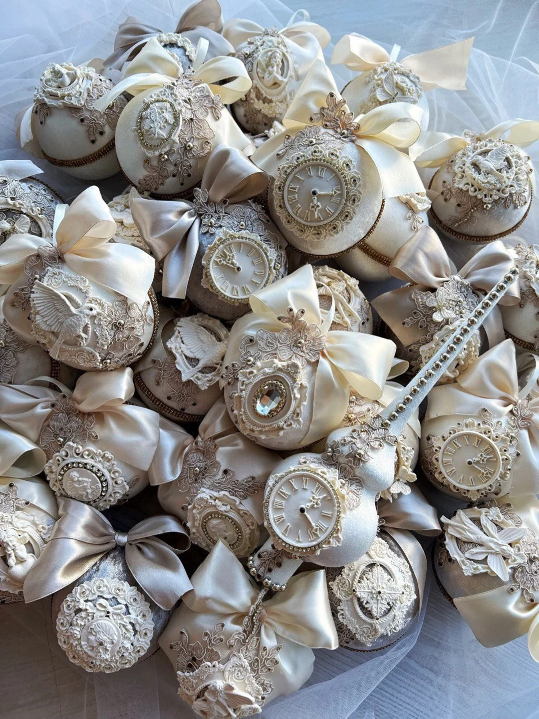 Handmade Christmas IVORY Ornaments Set With Tree Topper, Unique Christmas Decorations, Velvet Orn... | Etsy (US)