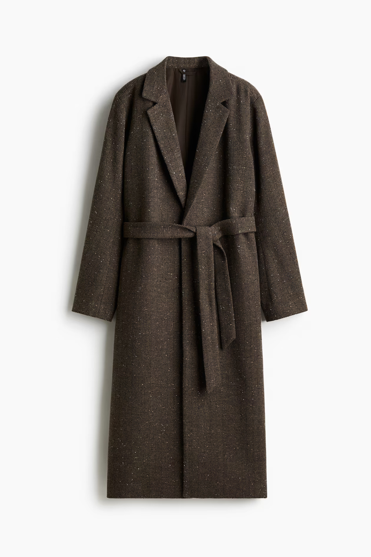 Brushed-Finish Tie-Belt Coat - Dark brown/Herringbone-patterned - Ladies | H&M US | H&M (US + CA)
