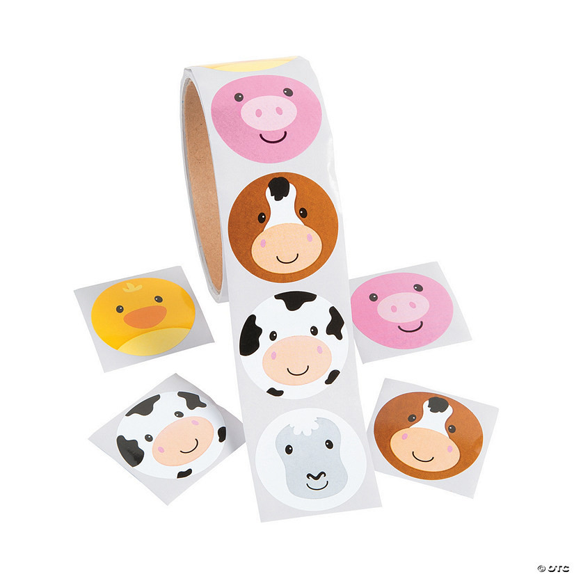 1 1/2" Farm Animal Face Multicolor Paper Sticker Roll - 100 Pc. | Oriental Trading Company