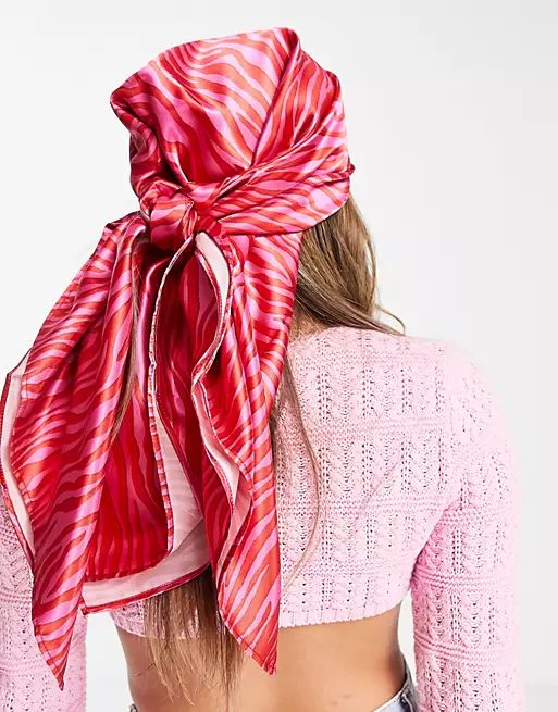 ASOS DESIGN polysatin large headscarf in red and pink zebra print | ASOS | ASOS (Global)