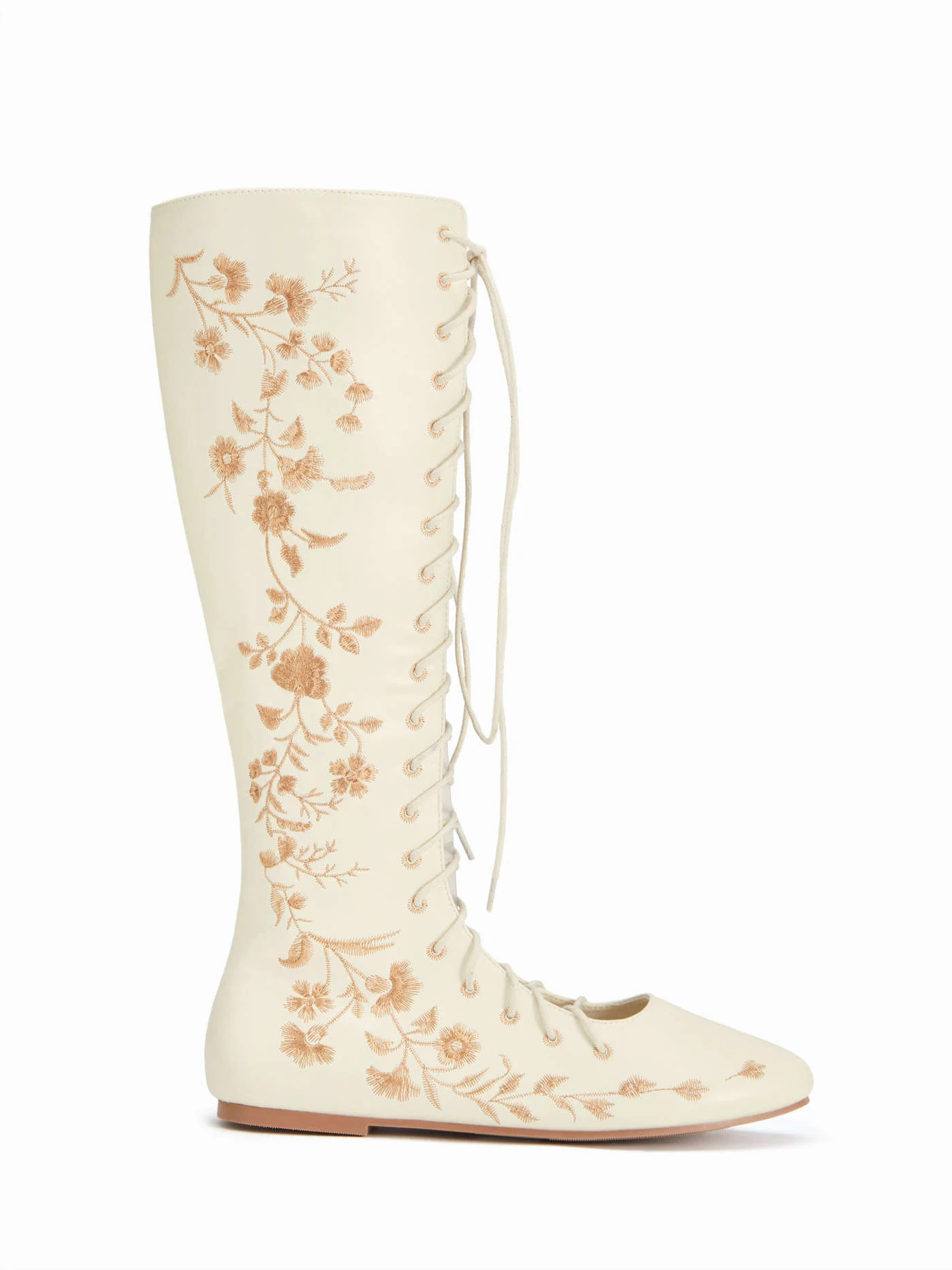 FLOWER EMBROIDERED LACE-UP KNEE HIGH BOOTS | Cider