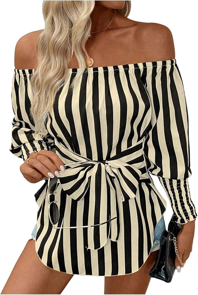 WDIRARA Women's Striped Off the Shoulder Tops Lantern Sleeve Tie Waist Asymmetrical T Shirts | Amazon (US)