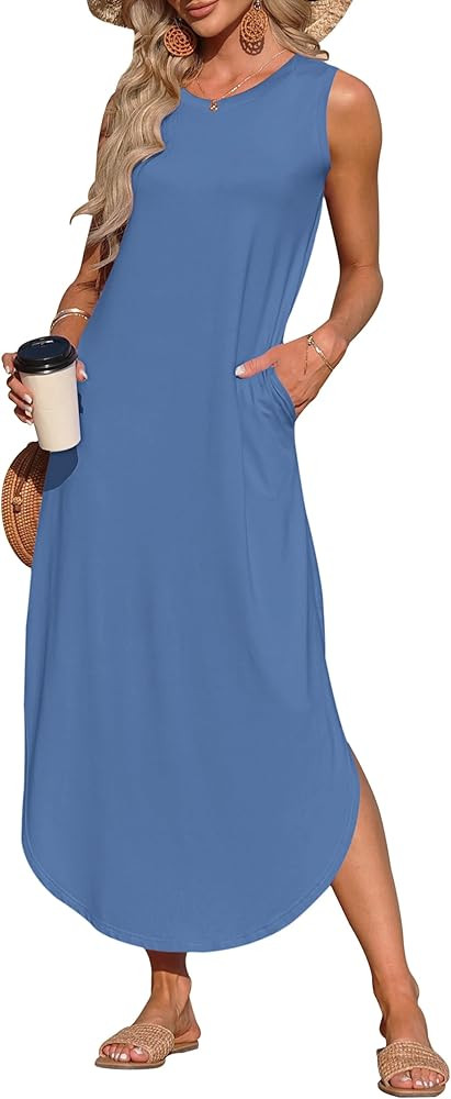 AUSELILY Womens Summer Dresses 2025 Casual Sleeveless Maxi Dress Loose Crewneck Sundresses Split ... | Amazon (US)