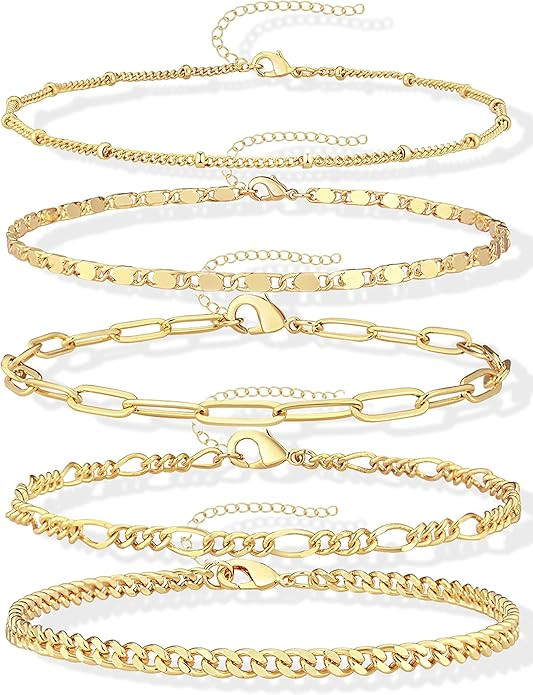 Gold Bracelets Set for Women Non Tarnish Trendy,14K Gold Plated Dainty Stackable Paperclip Cuban ... | Amazon (US)