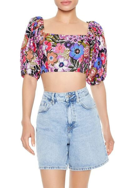 Floral Print Puff-Sleeve Crop Top | Forever 21