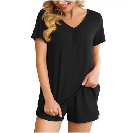 Summer Two Piece Sets for Women Two Piece Sets for Women Spring Clothing Set Female V-Neck Short Sleeve Tops Pants Sets Trousers Pant Style S_184 Women s Tracksuits Black XXL | Walmart (US)