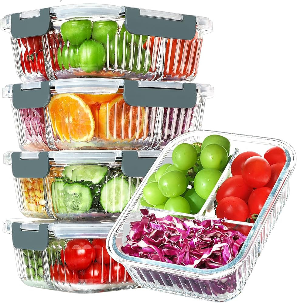 KOMUEE Glass Meal Prep Containers 3 Compartment with lids, 5 Pack 36 oz, Airtight Food Storage Gl... | Amazon (US)