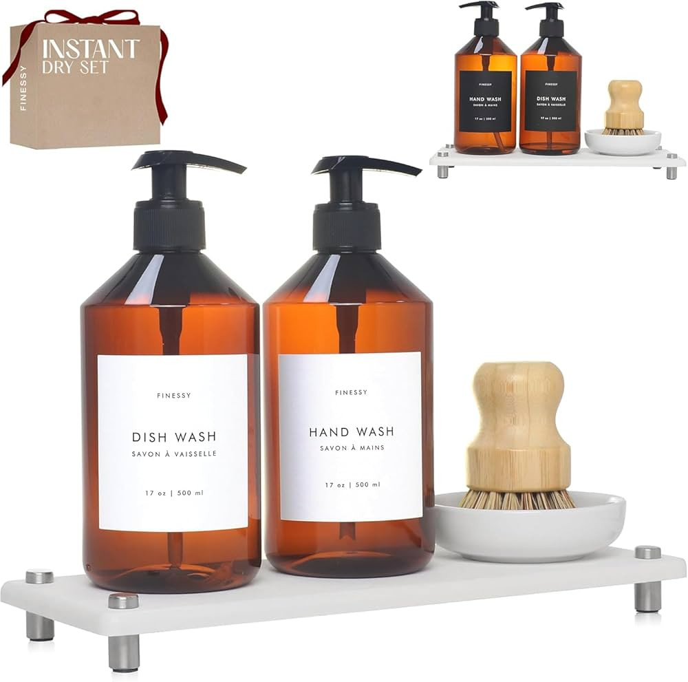 FINESSY Modern Hand and Dish Soap Dispenser Set for Kitchen Counter with Tray and Bamboo Brush, K... | Amazon (US)