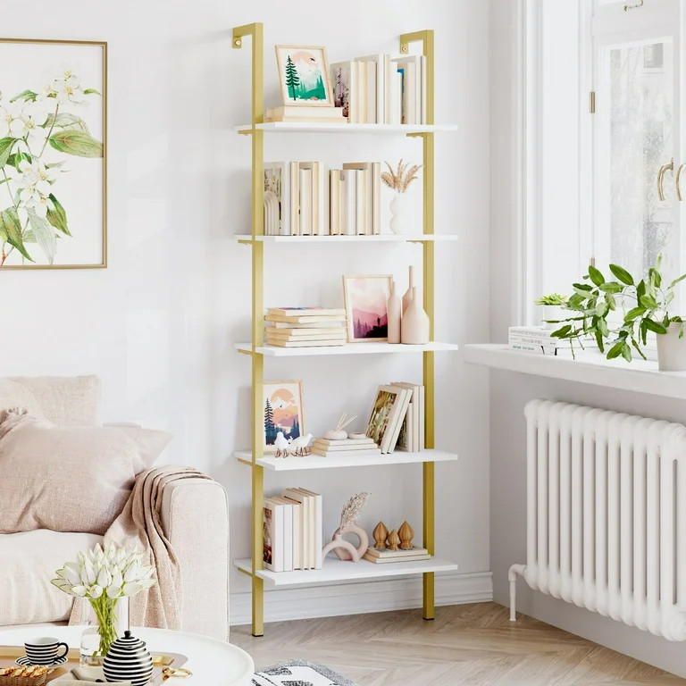 Homfa Wall Mounted Iron Bookcase, 5 Tiers Ladder Shelves with Gold Frame, White Finish | Walmart (US)