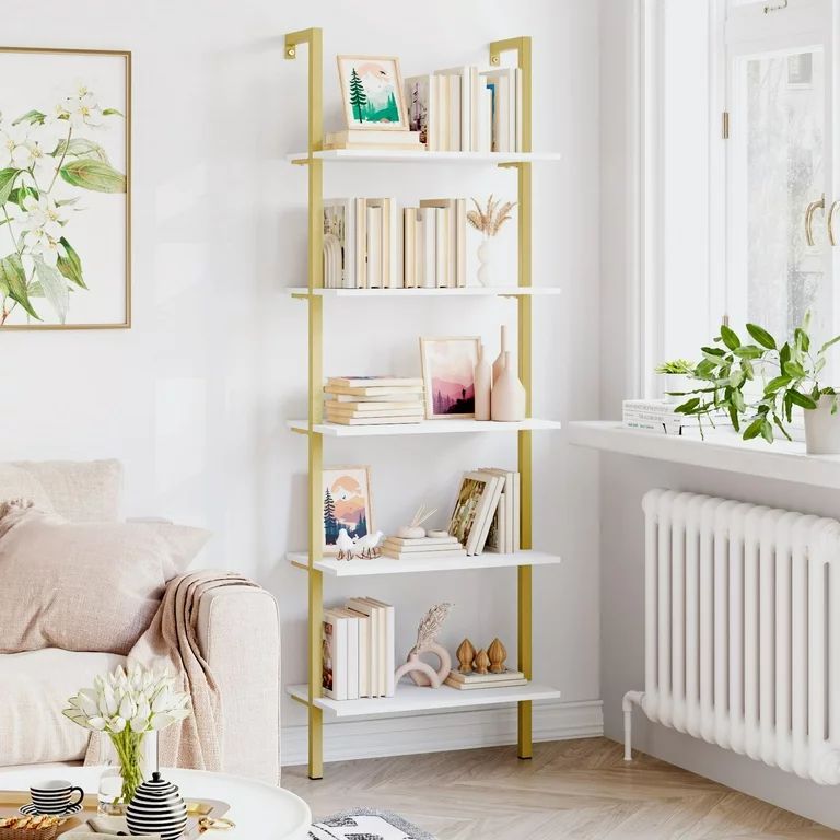 Homfa Wall Mounted Iron Bookcase, 5 Tiers Ladder Shelves with Gold Frame, White Finish - Walmart.... | Walmart (US)