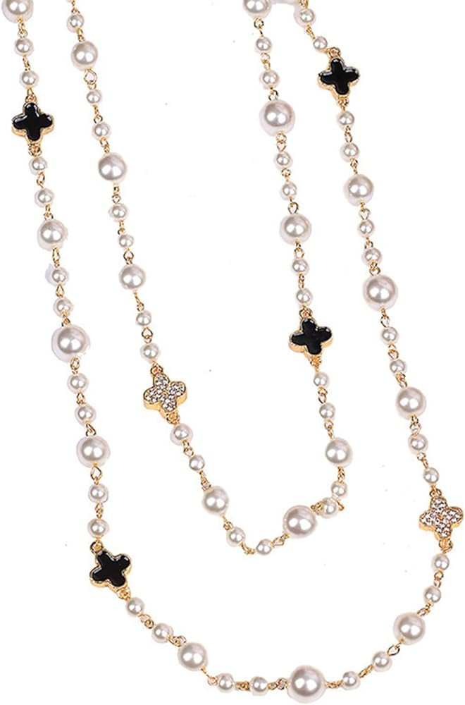 Fashion Designer Imitation Pearl Necklace White layered Long Pearl Necklaces for Women Vintage Je... | Amazon (US)