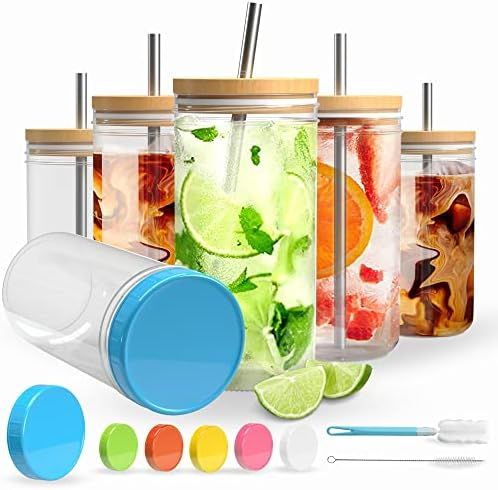 6 Pack Glass Mug Set - Drinking Glasses Tumbler, 24oz Reusable Boba Tea Cups with Bamboo Lids, Trave | Amazon (US)