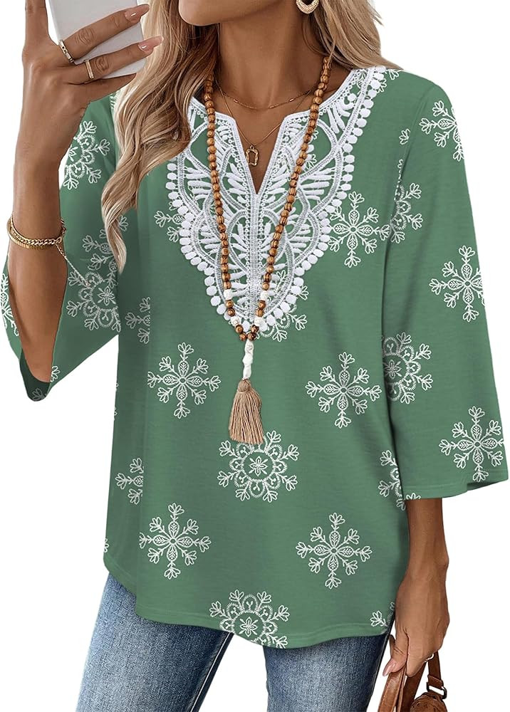WIHOLL 3/4 Length Sleeve Womens Tops Boho V Neck Lace Shirt Trendy Blouses Dressy Casual Vacation... | Amazon (US)