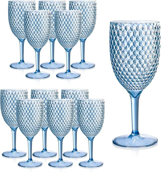 12Pcs Blue Plastic Wine Glasses 13.5oz Reusable Acrylic Wedding Goblets Toasting Glassware Unbrea... | Amazon (US)