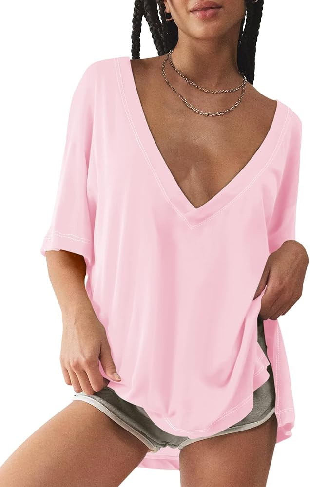 Tankaneo Womens Oversized Tshirts Deep V Neck Short Sleeve Tops Summer Casual Loose Fit Side Slit... | Amazon (US)