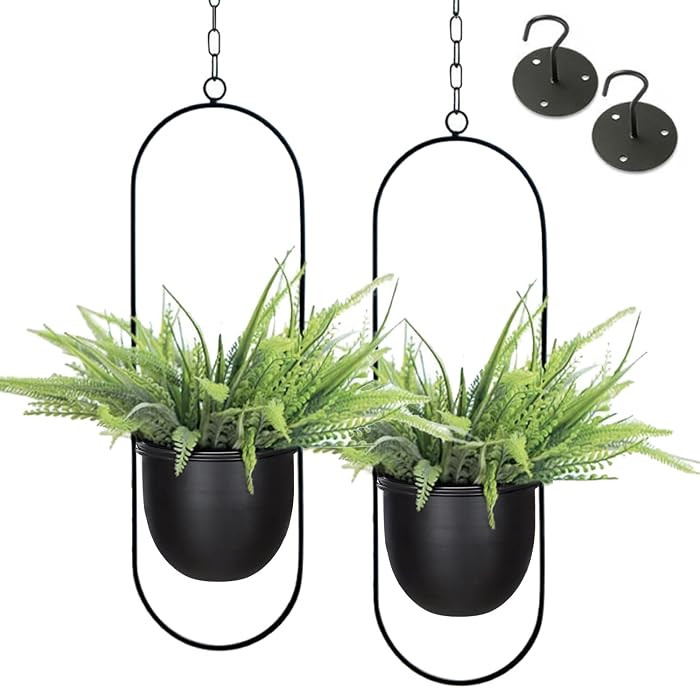 Shineloha 2 Pack Hanging Planters for Indoor Plants with 5.5" Pot + Ceiling Hook | Black Hanging ... | Amazon (US)
