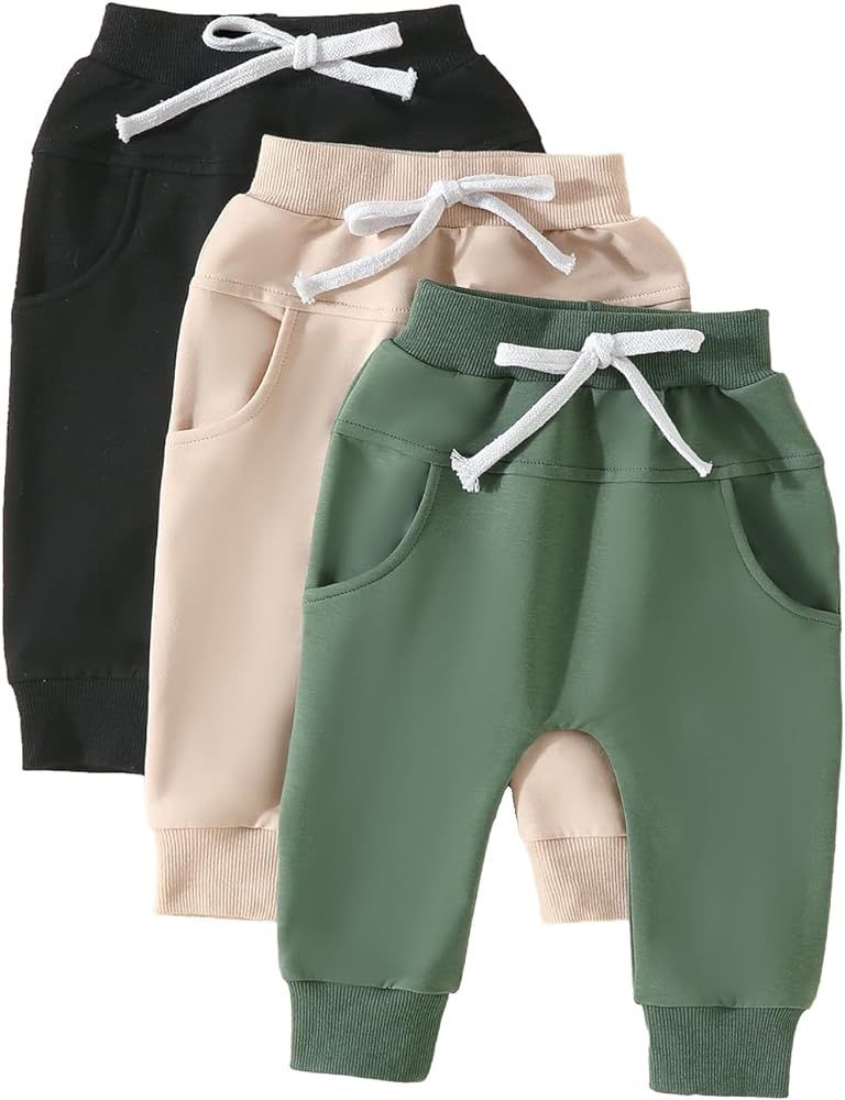 Toddler Baby Boys Pants 3 Pack Solid Color Fall Spring Sweatpants Baby Jogger Pants Khaki Brown G... | Amazon (US)