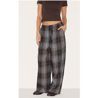 Dark Brown Check Print Drawstring Waist Slouchy Trousers | PrettyLittleThing UK