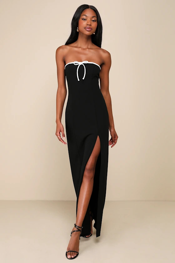 Chicly Endearing Black and White Strapless Column Maxi Dress | Lulus