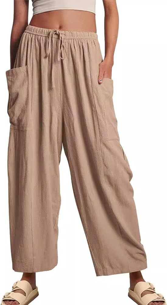 Flygo Women's Wide Leg Pants Summer Casual Loose Fit Beach Palazzo Harem Pants with Pockets | Amazon (US)