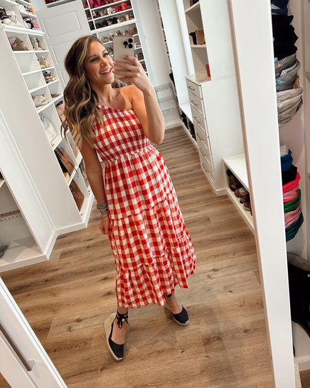 In a small one shoulder red plaid maxi, tie up espadrilles and accessories for patriotic outfit from amazon - all fits TTS.

#LTKSeasonal #LTKstyletip #LTKunder50