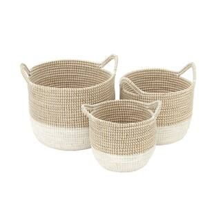 CosmoLiving by Cosmopolitan Brown and White Corded Seagrass Round Baskets with Arched Cord Handle... | The Home Depot