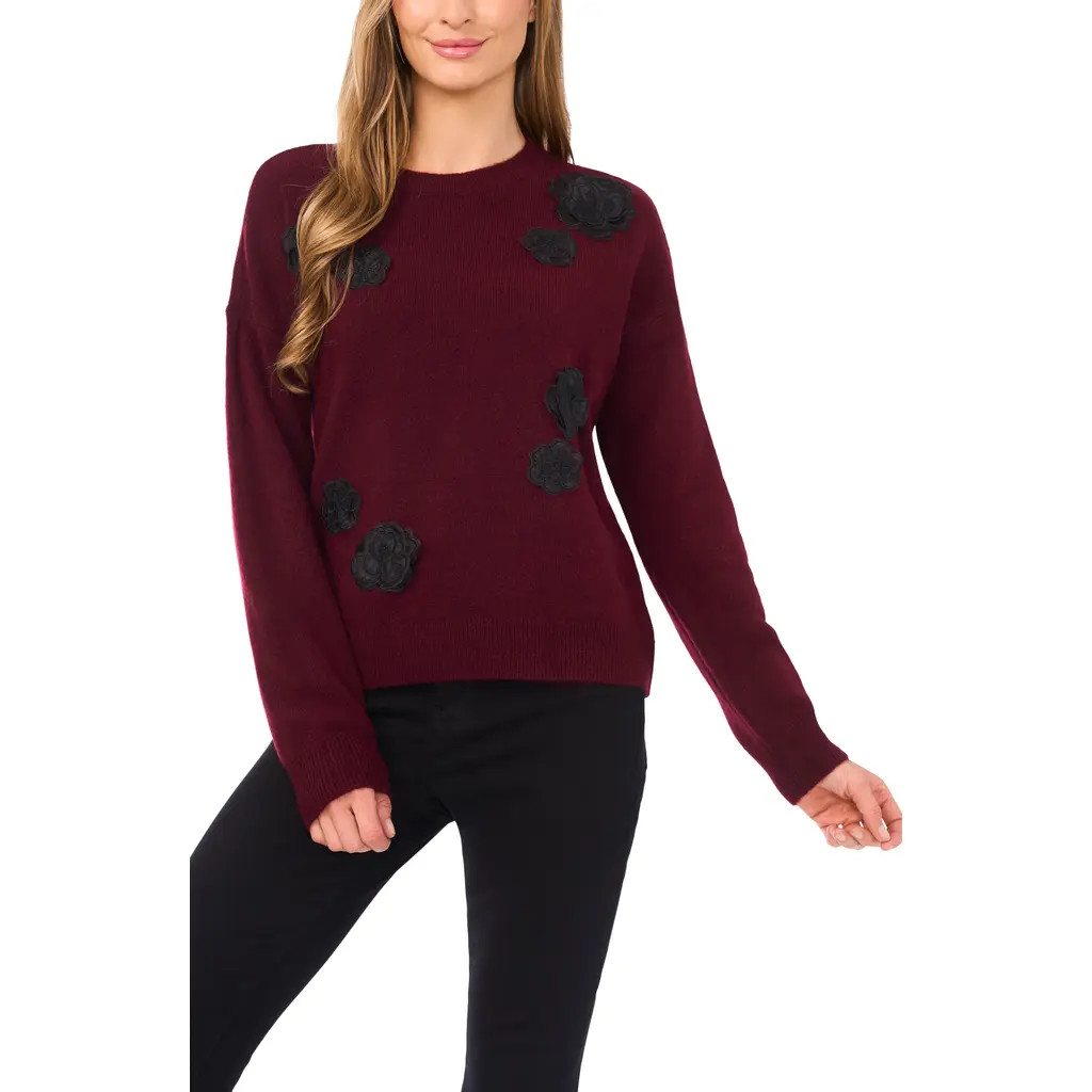 CeCe Floral Appliqué Sweater in Wine at Nordstrom, Size Small | Nordstrom